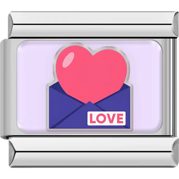 Silver charm with a pink heart coming out of a purple envelope labeled LOVE.